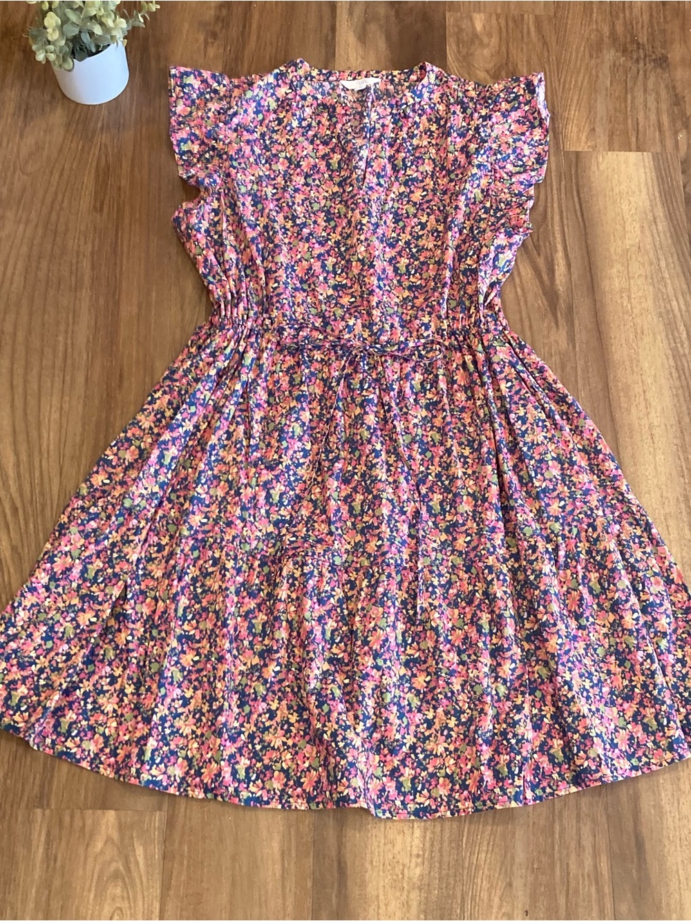 Girls Pink Floral Ruffle Sleeve 100% Cotton Dress